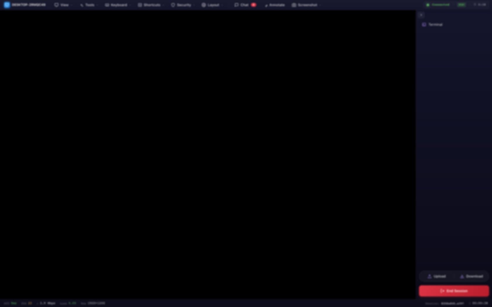 Classic — Toolbar on top, sidebar with terminal and file transfer on the right, and a status bar carrying RTT, FPS, bitrate and loss.