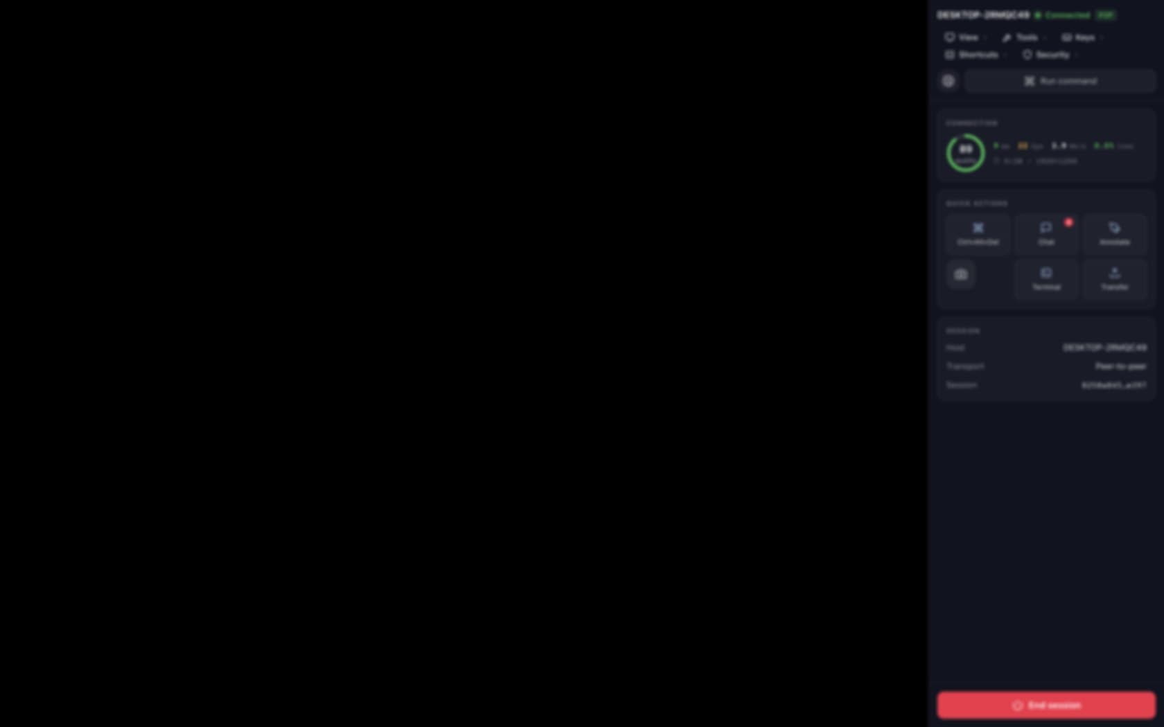 Mission Control — A persistent live panel — connection quality, quick actions, session facts.