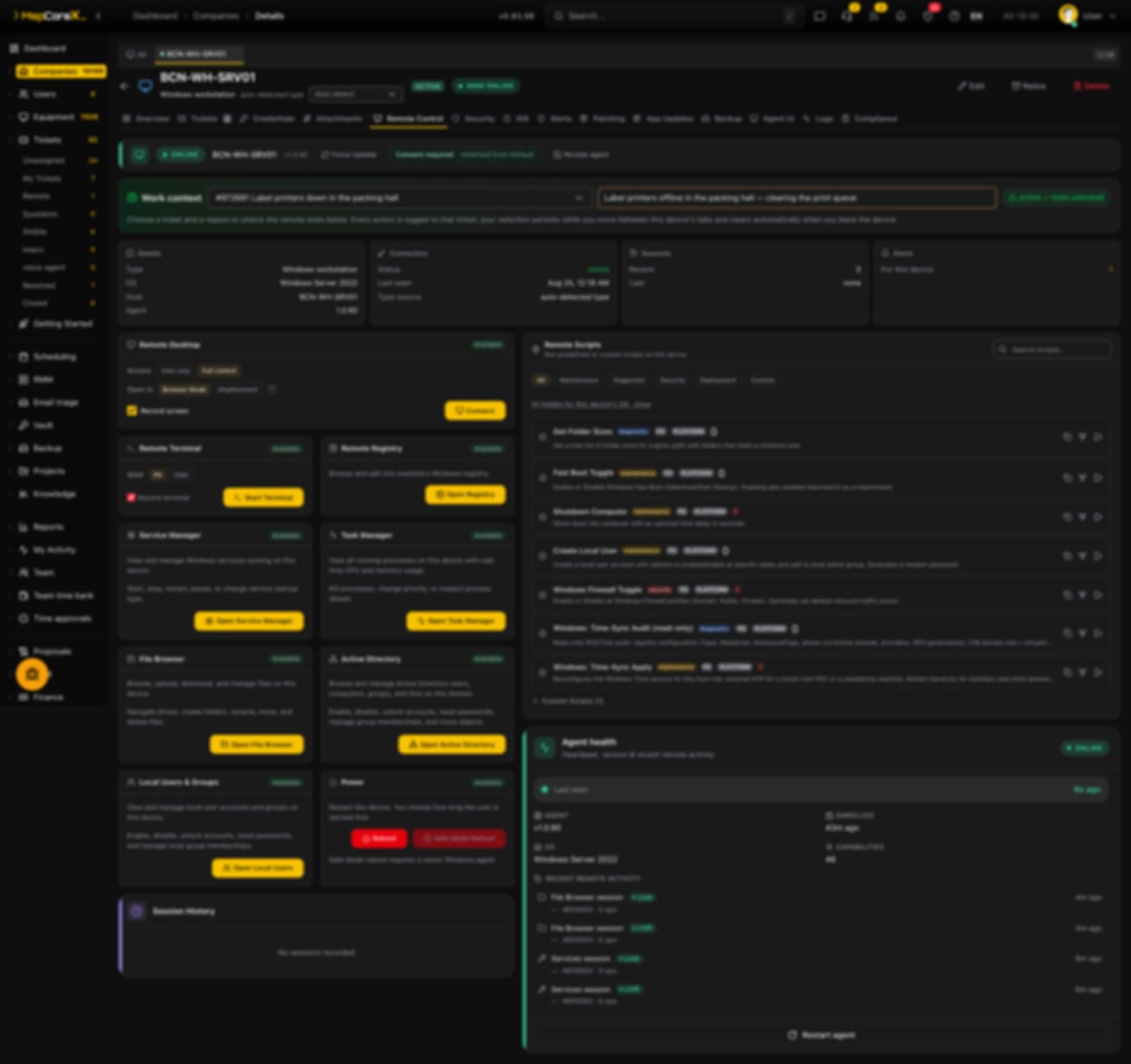 Everything the operator can reach on one device — desktop, terminal, registry, services, processes, files, Active Directory, local users, power and the script library. Nothing unlocks until a ticket and a reason are attached; every action is then logged to that ticket.