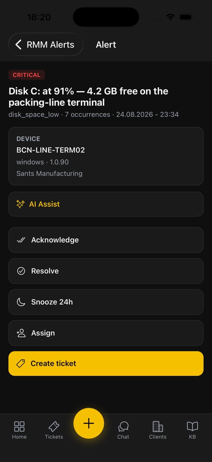 An RMM disk-space alert on the phone with AI Assist and the acknowledge, resolve and snooze actions