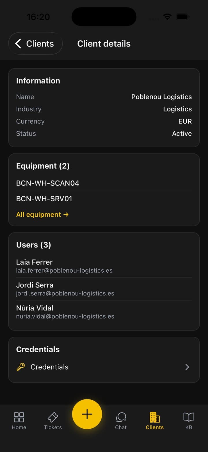 A client record on the phone with its equipment, users and credentials