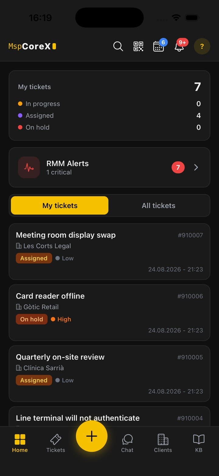 The MspCoreX technician app dashboard on iPhone, showing assigned tickets and open RMM alerts