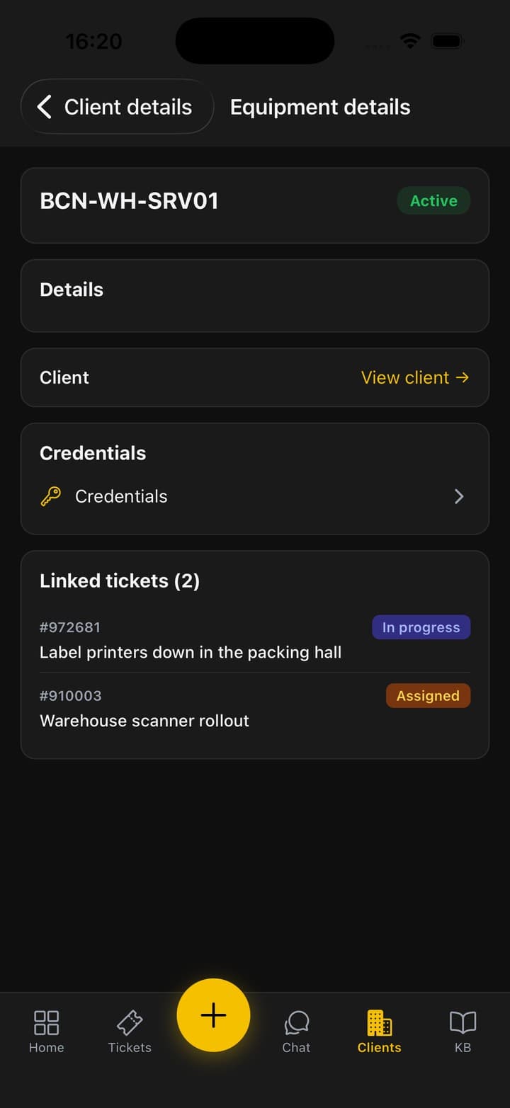 An endpoint record on the phone showing its status, credentials and linked tickets