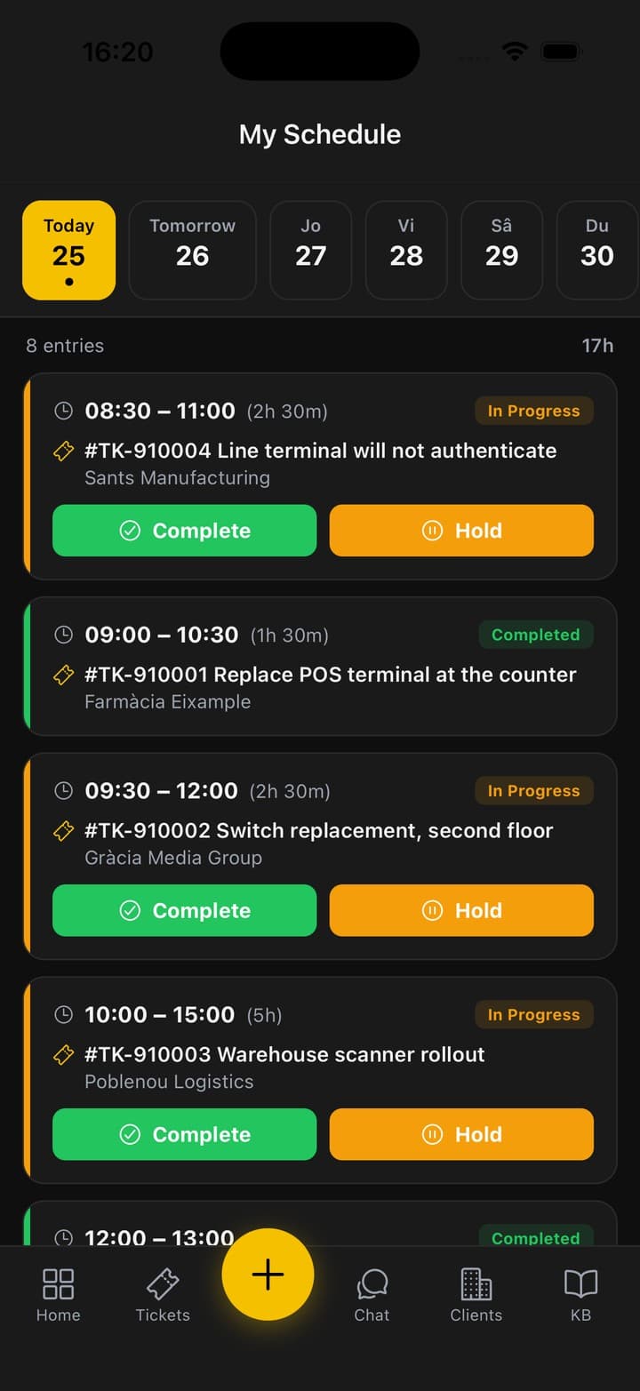 The technician schedule for the day, each job with its time window and Complete or Hold actions