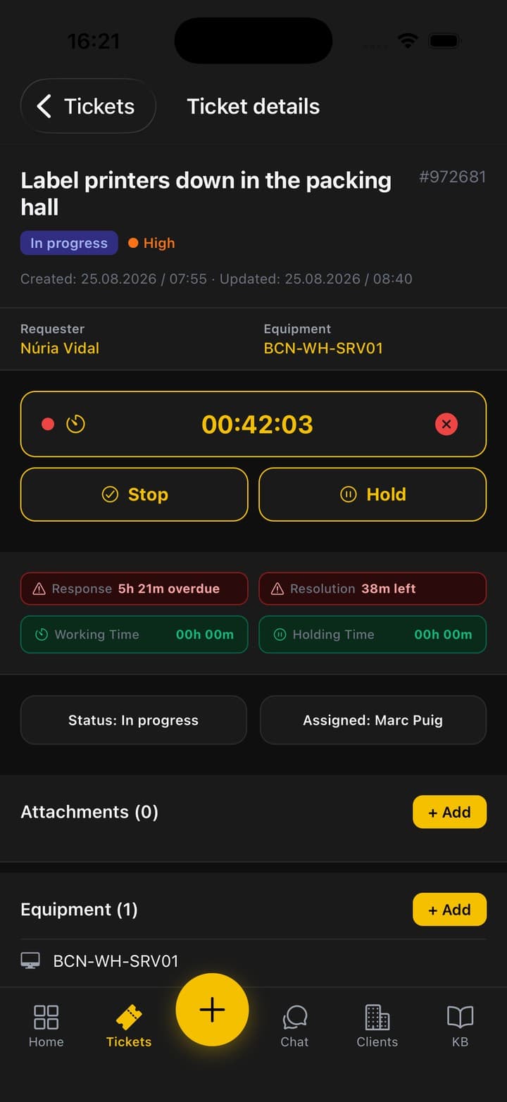 A ticket open in the app with the work stopwatch running and the SLA counters visible
