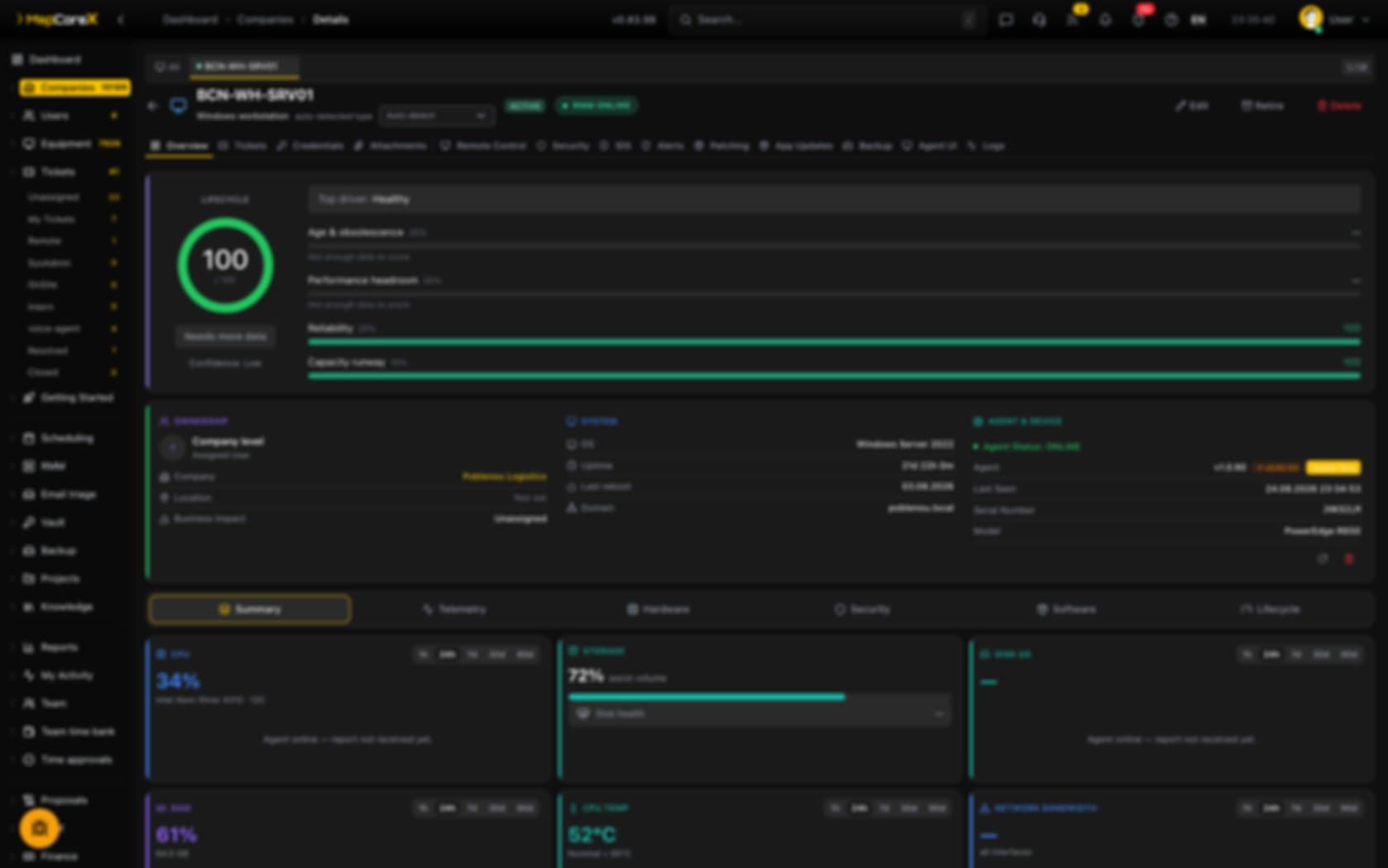 A single endpoint: hardware, OS, live CPU / RAM / disk and temperature, straight off the agent.